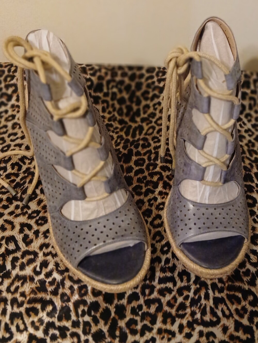 Johnston & Murphy Blue/Gray  Lace-Up Espadrille Wedge Sandals